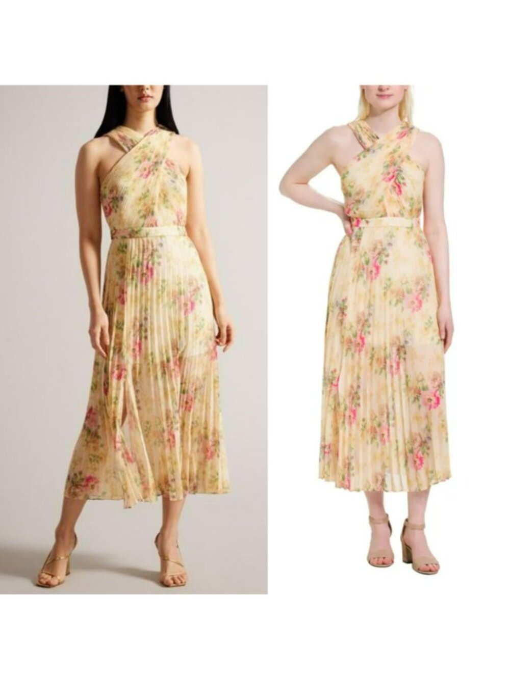Ted Baker London Yellow Amerah Cross Front Floral Pleated Midi Dress Wedding - Picture 2 of 15